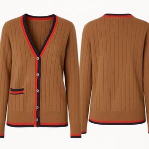 KULE Brown Cardigan with Red and Navy Accents